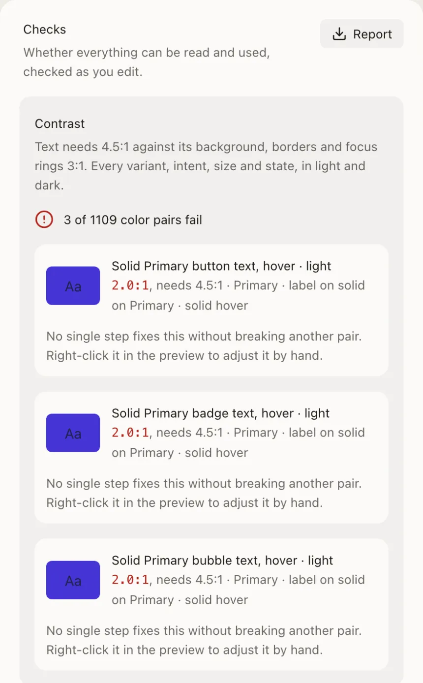 Checks after that step was pinned too pale: 3 of 1109 color pairs fail, each hover label at 2.0 to 1