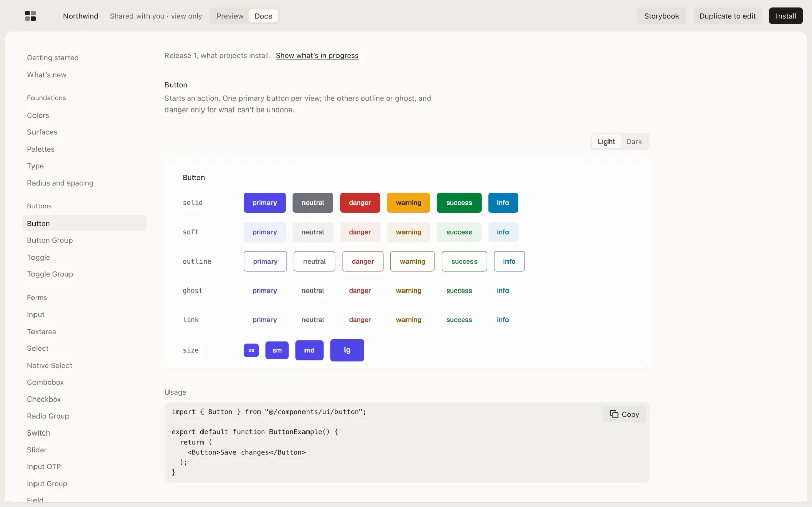 The docs site's Button page: every variant and intent live, and the code to use it