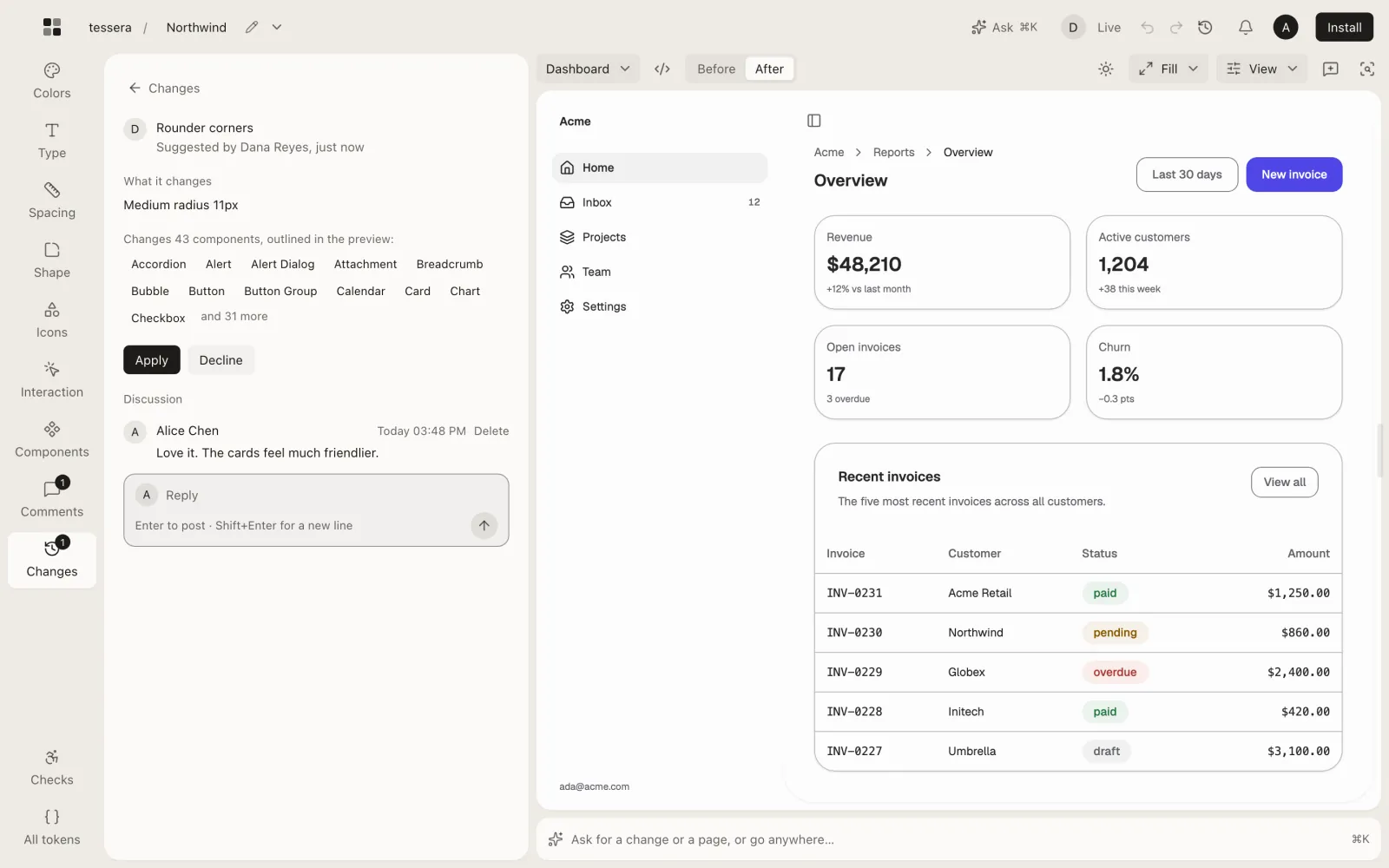 Reviewing a proposal from a teammate: rounder corners, the 43 components it changes, and a reply, beside the dashboard showing the change