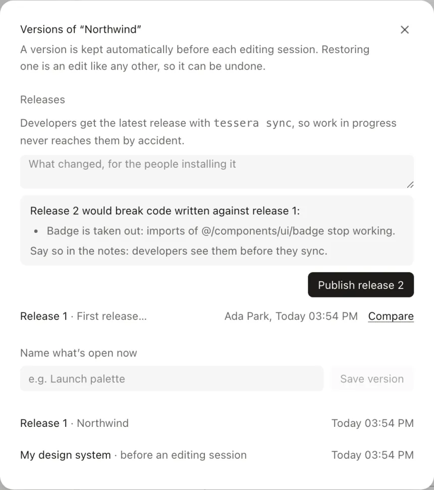 Publishing release 2: a warning that taking Badge out breaks imports of @/components/ui/badge, above the release history