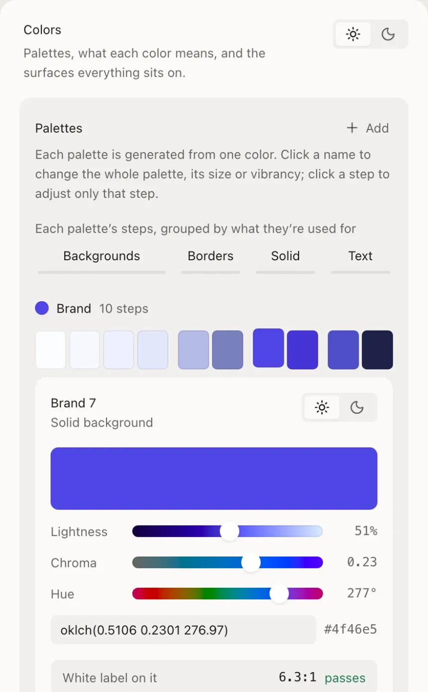 A palette step open for editing: its color, the contrast of a white label on it (6.3 to 1, passes), and every component it reaches